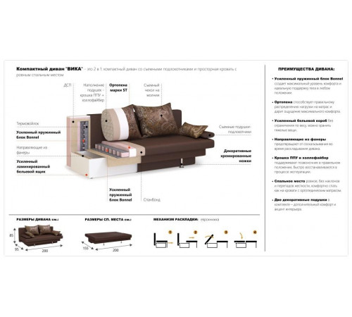 Диван Вика прямой (Тип B, Savana (chocolate), Escada (chocolate))